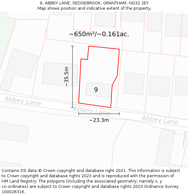 9, ABBEY LANE, SEDGEBROOK, GRANTHAM, NG32 2EY: Plot and title map