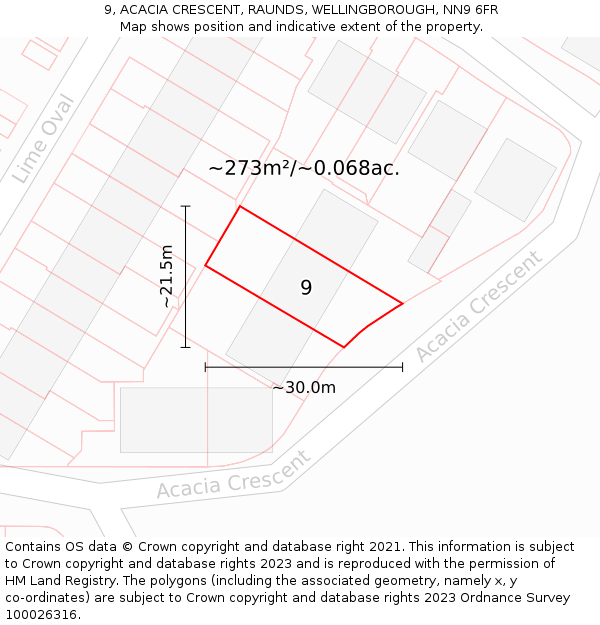 9, ACACIA CRESCENT, RAUNDS, WELLINGBOROUGH, NN9 6FR: Plot and title map
