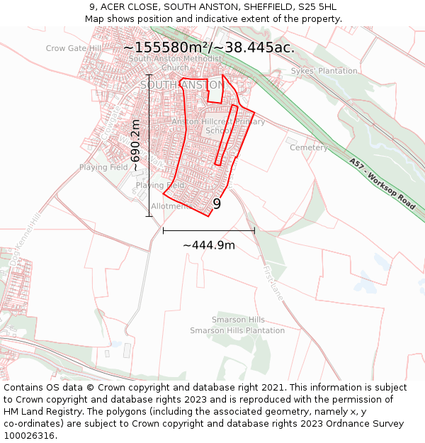 9, ACER CLOSE, SOUTH ANSTON, SHEFFIELD, S25 5HL: Plot and title map