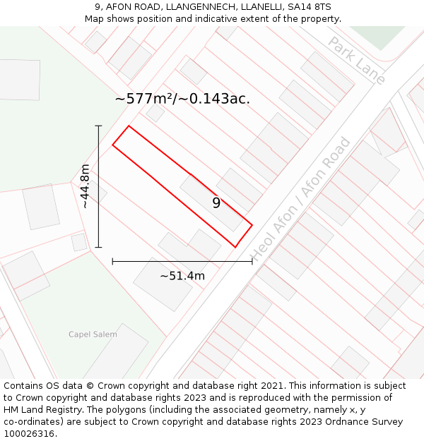 9, AFON ROAD, LLANGENNECH, LLANELLI, SA14 8TS: Plot and title map