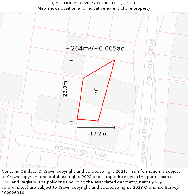 9, AGENORIA DRIVE, STOURBRIDGE, DY8 3TJ: Plot and title map