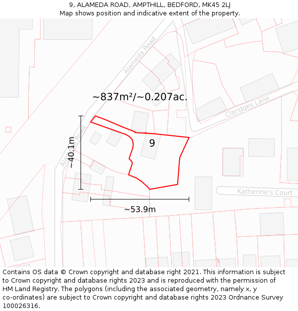 9, ALAMEDA ROAD, AMPTHILL, BEDFORD, MK45 2LJ: Plot and title map