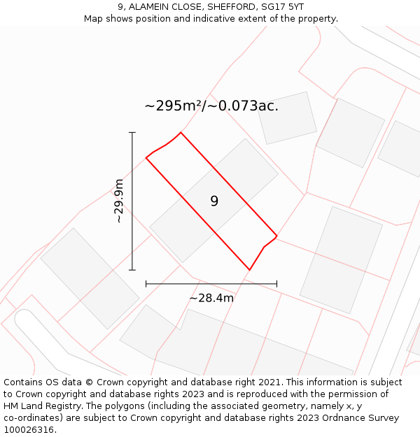 9, ALAMEIN CLOSE, SHEFFORD, SG17 5YT: Plot and title map