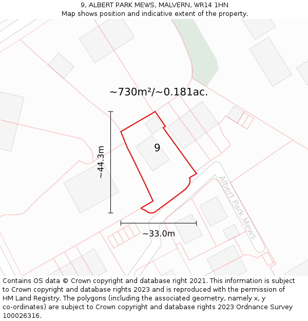 9, ALBERT PARK MEWS, MALVERN, WR14 1HN: Plot and title map