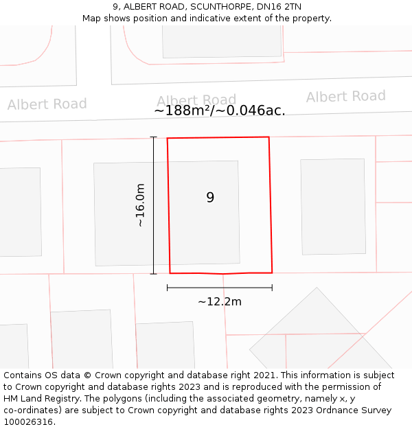 9, ALBERT ROAD, SCUNTHORPE, DN16 2TN: Plot and title map