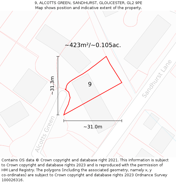 9, ALCOTTS GREEN, SANDHURST, GLOUCESTER, GL2 9PE: Plot and title map