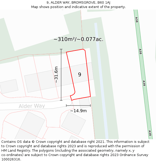 9, ALDER WAY, BROMSGROVE, B60 1AJ: Plot and title map