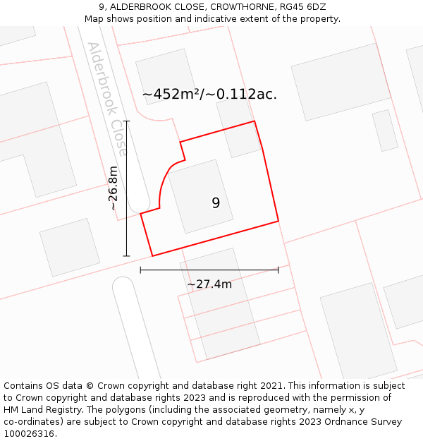 9, ALDERBROOK CLOSE, CROWTHORNE, RG45 6DZ: Plot and title map