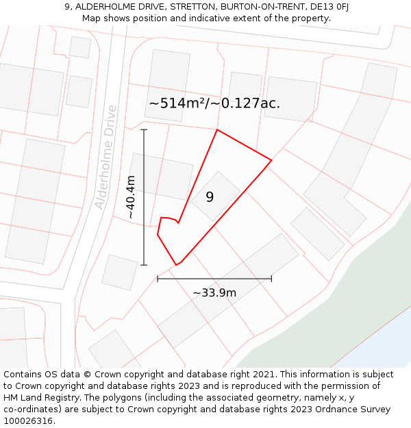 9, ALDERHOLME DRIVE, STRETTON, BURTON-ON-TRENT, DE13 0FJ: Plot and title map