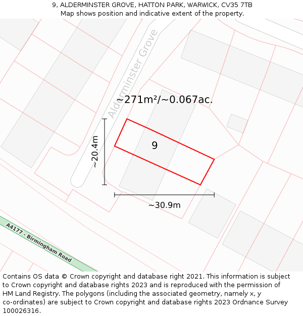 9, ALDERMINSTER GROVE, HATTON PARK, WARWICK, CV35 7TB: Plot and title map