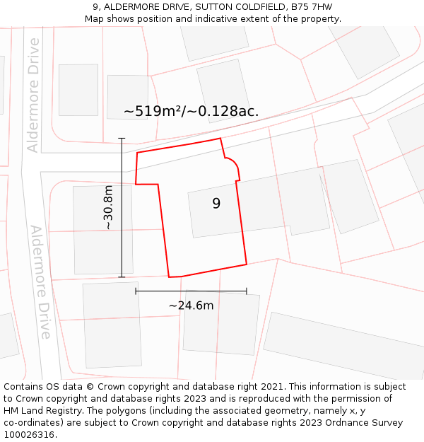 9, ALDERMORE DRIVE, SUTTON COLDFIELD, B75 7HW: Plot and title map