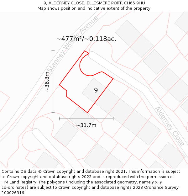 9, ALDERNEY CLOSE, ELLESMERE PORT, CH65 9HU: Plot and title map