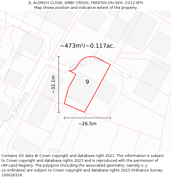 9, ALDRICH CLOSE, KIRBY CROSS, FRINTON-ON-SEA, CO13 0FN: Plot and title map