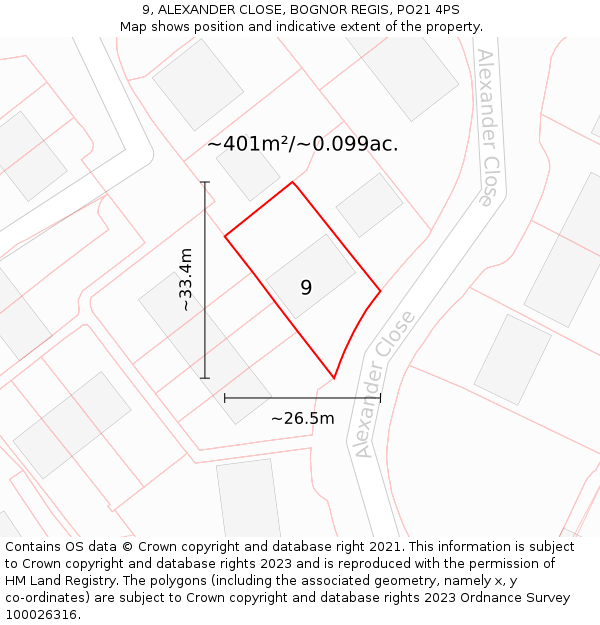 9, ALEXANDER CLOSE, BOGNOR REGIS, PO21 4PS: Plot and title map