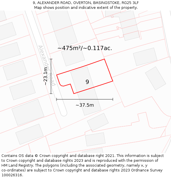 9, ALEXANDER ROAD, OVERTON, BASINGSTOKE, RG25 3LF: Plot and title map