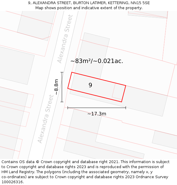 9, ALEXANDRA STREET, BURTON LATIMER, KETTERING, NN15 5SE: Plot and title map