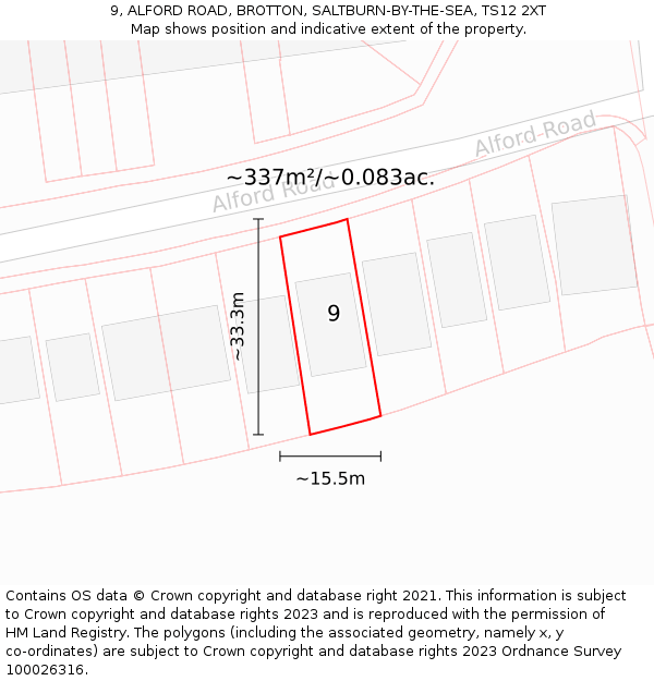 9, ALFORD ROAD, BROTTON, SALTBURN-BY-THE-SEA, TS12 2XT: Plot and title map