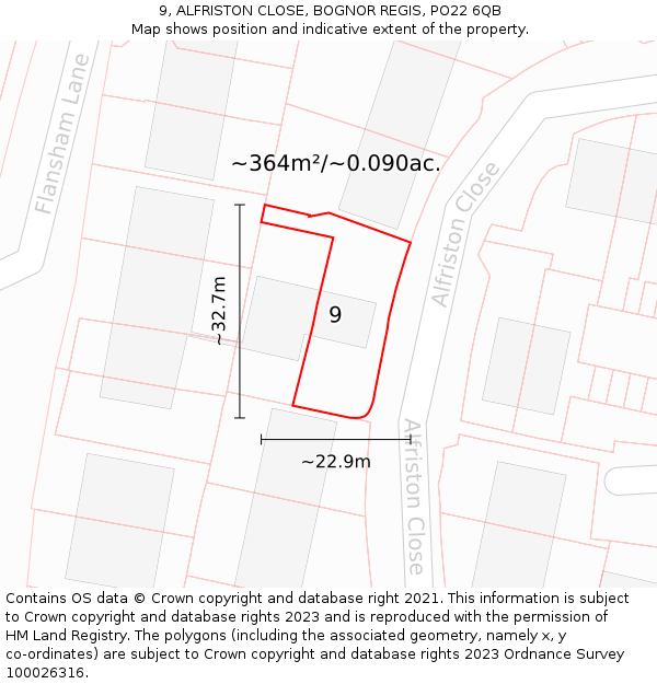 9, ALFRISTON CLOSE, BOGNOR REGIS, PO22 6QB: Plot and title map