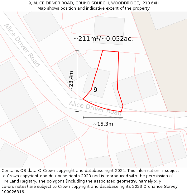 9, ALICE DRIVER ROAD, GRUNDISBURGH, WOODBRIDGE, IP13 6XH: Plot and title map