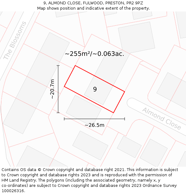 9, ALMOND CLOSE, FULWOOD, PRESTON, PR2 9PZ: Plot and title map
