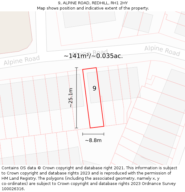 9, ALPINE ROAD, REDHILL, RH1 2HY: Plot and title map