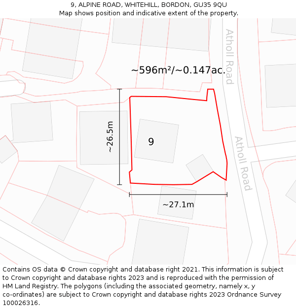 9, ALPINE ROAD, WHITEHILL, BORDON, GU35 9QU: Plot and title map