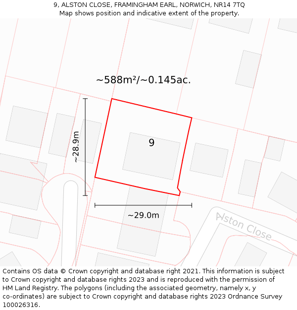 9, ALSTON CLOSE, FRAMINGHAM EARL, NORWICH, NR14 7TQ: Plot and title map