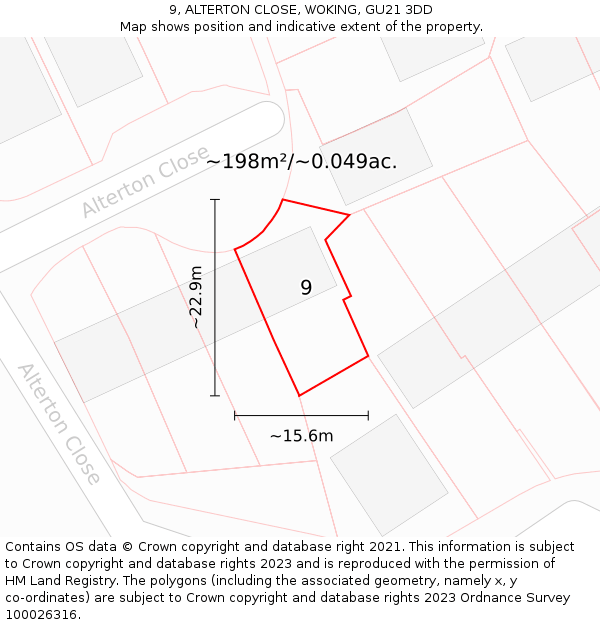 9, ALTERTON CLOSE, WOKING, GU21 3DD: Plot and title map