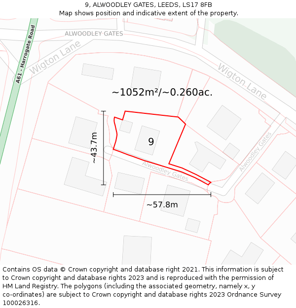 9, ALWOODLEY GATES, LEEDS, LS17 8FB: Plot and title map