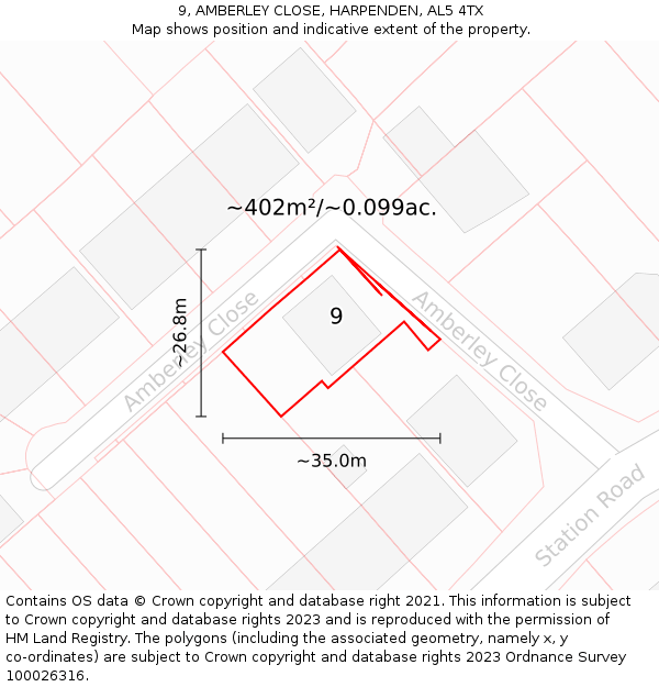 9, AMBERLEY CLOSE, HARPENDEN, AL5 4TX: Plot and title map