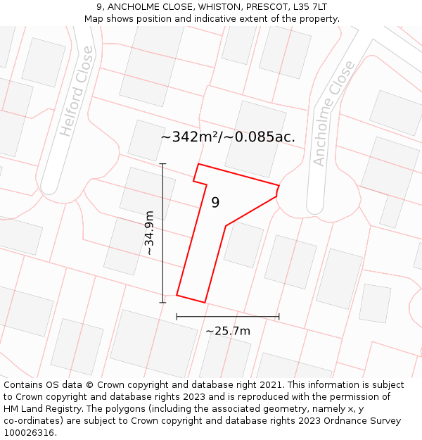 9, ANCHOLME CLOSE, WHISTON, PRESCOT, L35 7LT: Plot and title map