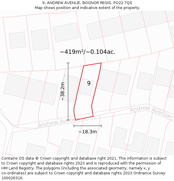 9, ANDREW AVENUE, BOGNOR REGIS, PO22 7QS: Plot and title map