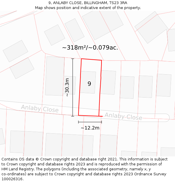 9, ANLABY CLOSE, BILLINGHAM, TS23 3RA: Plot and title map