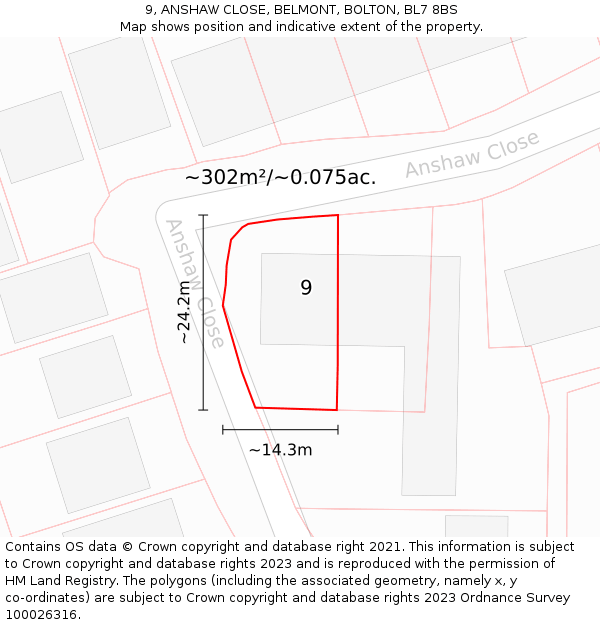 9, ANSHAW CLOSE, BELMONT, BOLTON, BL7 8BS: Plot and title map