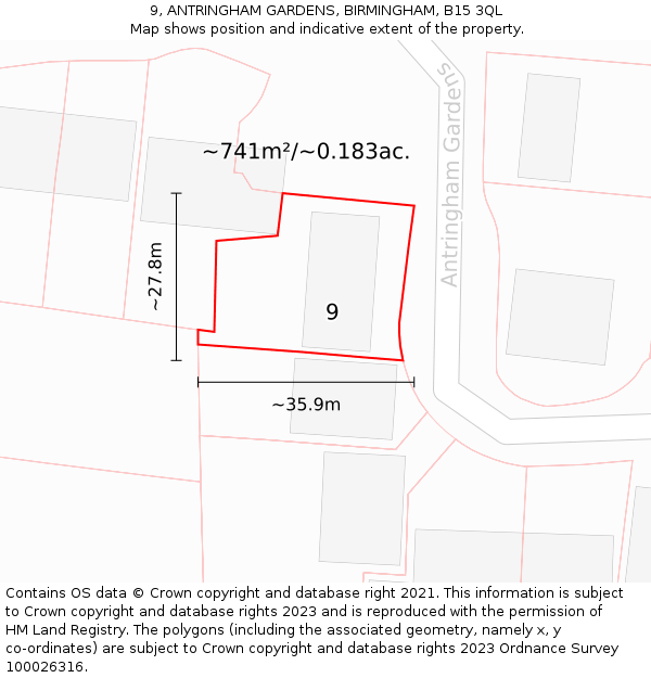 9, ANTRINGHAM GARDENS, BIRMINGHAM, B15 3QL: Plot and title map