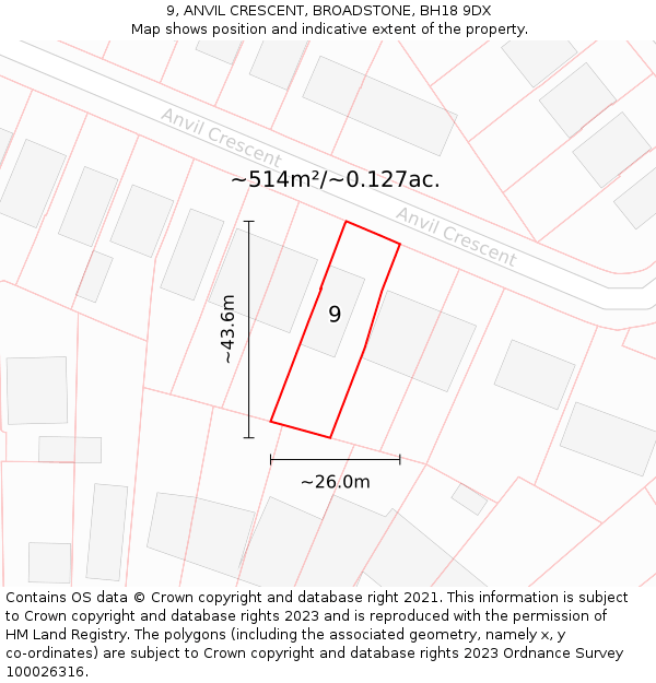 9, ANVIL CRESCENT, BROADSTONE, BH18 9DX: Plot and title map