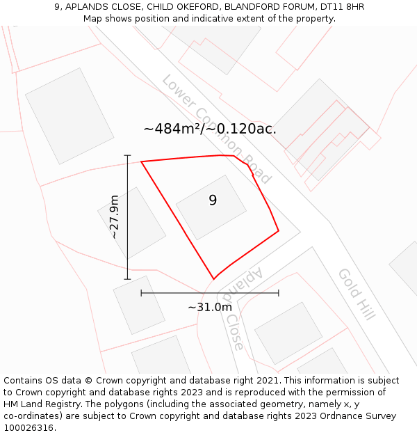 9, APLANDS CLOSE, CHILD OKEFORD, BLANDFORD FORUM, DT11 8HR: Plot and title map
