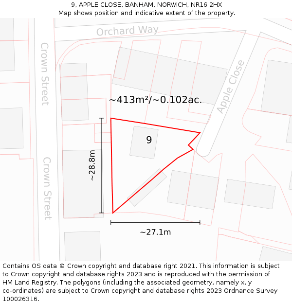 9, APPLE CLOSE, BANHAM, NORWICH, NR16 2HX: Plot and title map