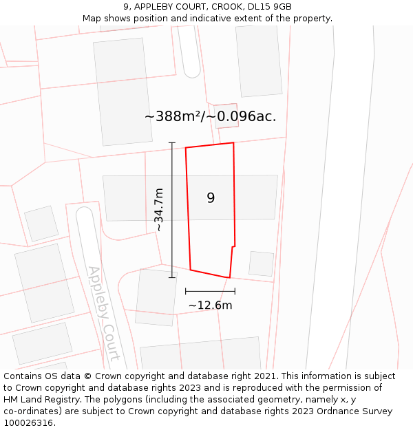 9, APPLEBY COURT, CROOK, DL15 9GB: Plot and title map