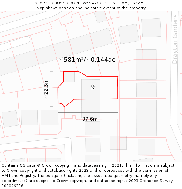 9, APPLECROSS GROVE, WYNYARD, BILLINGHAM, TS22 5FF: Plot and title map