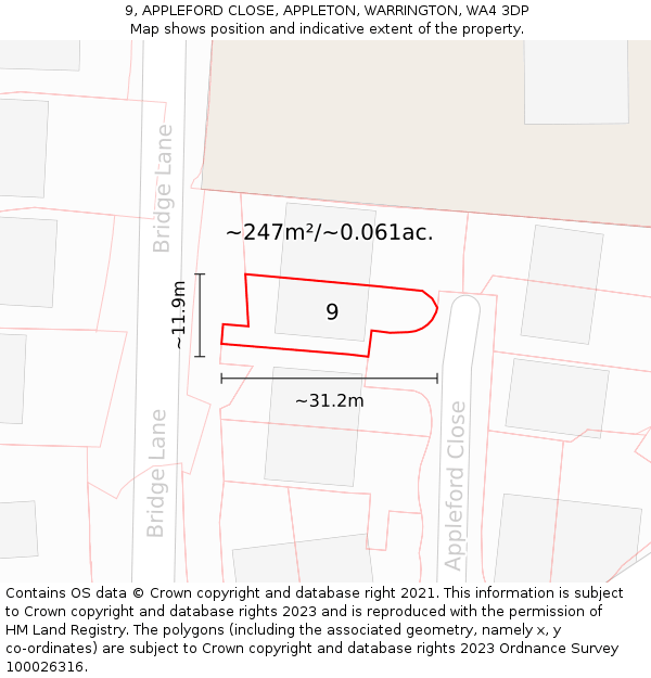 9, APPLEFORD CLOSE, APPLETON, WARRINGTON, WA4 3DP: Plot and title map