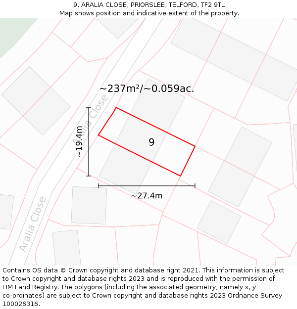 9, ARALIA CLOSE, PRIORSLEE, TELFORD, TF2 9TL: Plot and title map