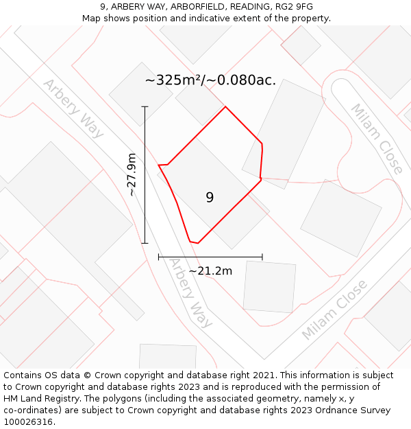 9, ARBERY WAY, ARBORFIELD, READING, RG2 9FG: Plot and title map