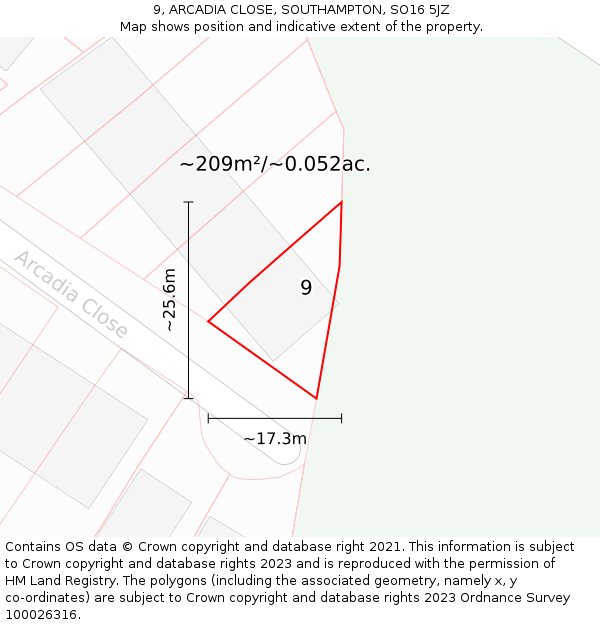 9, ARCADIA CLOSE, SOUTHAMPTON, SO16 5JZ: Plot and title map