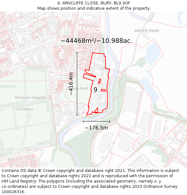 9, ARNCLIFFE CLOSE, BURY, BL9 9GF: Plot and title map