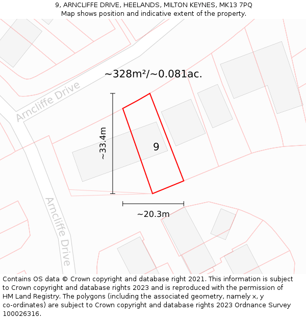 9, ARNCLIFFE DRIVE, HEELANDS, MILTON KEYNES, MK13 7PQ: Plot and title map