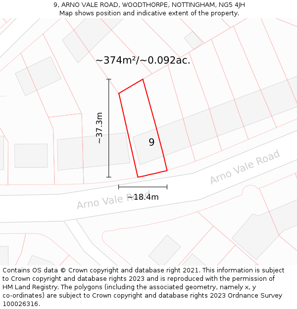 9, ARNO VALE ROAD, WOODTHORPE, NOTTINGHAM, NG5 4JH: Plot and title map