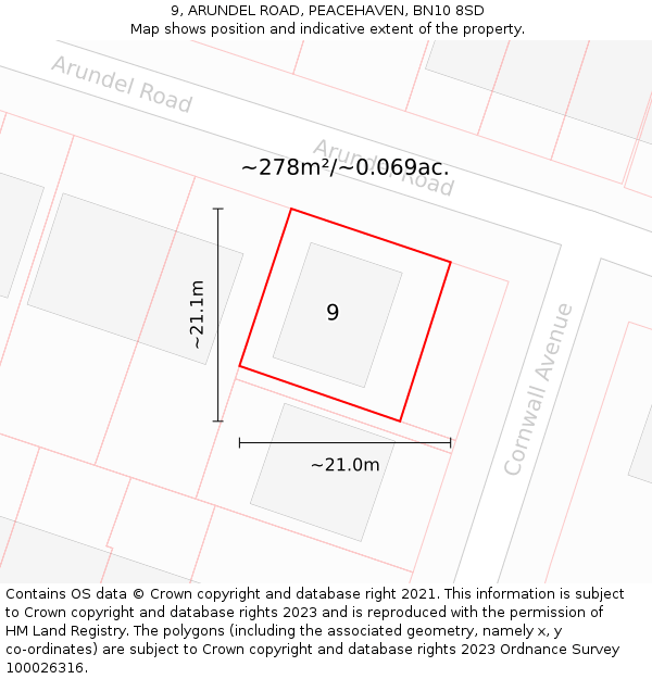 9, ARUNDEL ROAD, PEACEHAVEN, BN10 8SD: Plot and title map