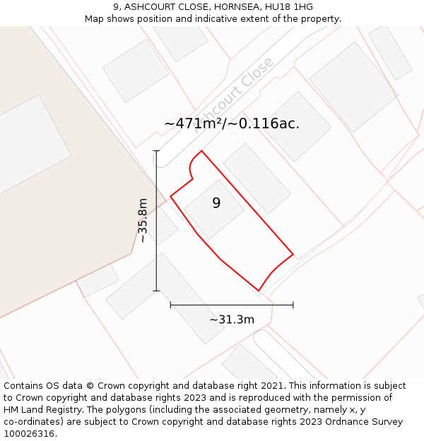 9, ASHCOURT CLOSE, HORNSEA, HU18 1HG: Plot and title map
