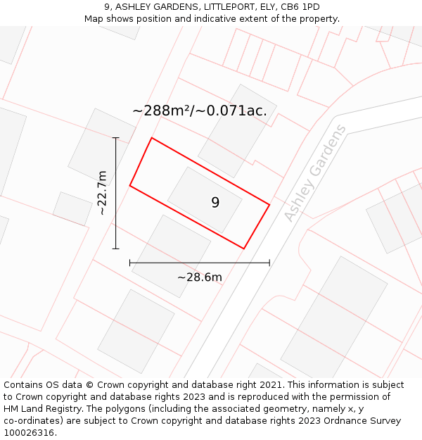 9, ASHLEY GARDENS, LITTLEPORT, ELY, CB6 1PD: Plot and title map